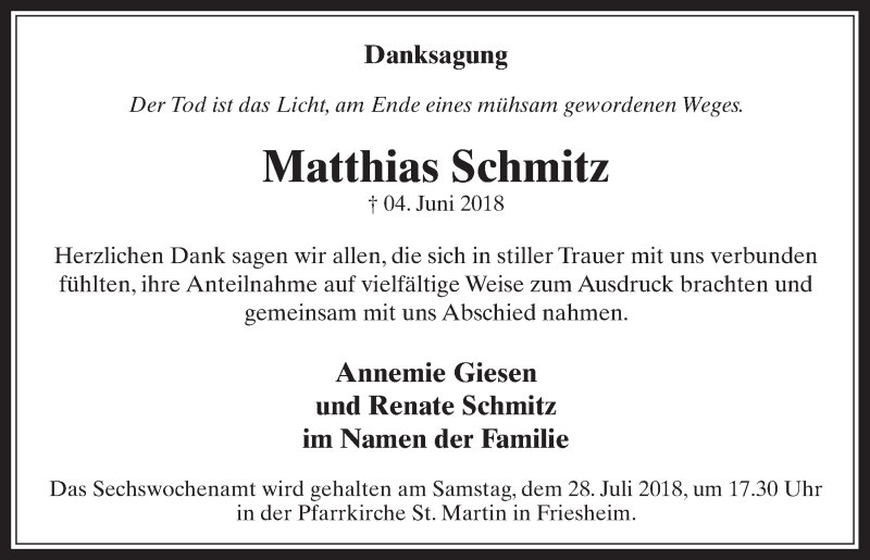  Traueranzeige für Matthias Schmitz vom 25.07.2018 aus  Werbepost 