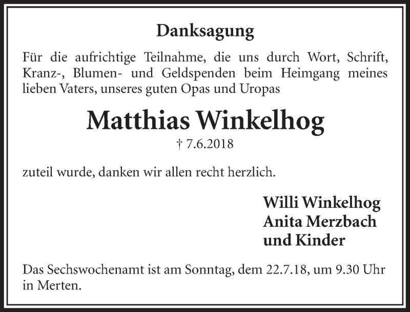  Traueranzeige für Matthias Winkelhog vom 04.07.2018 aus  Schlossbote/Werbekurier 