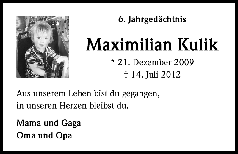  Traueranzeige für Maximilian Kulik vom 14.07.2018 aus EXKB