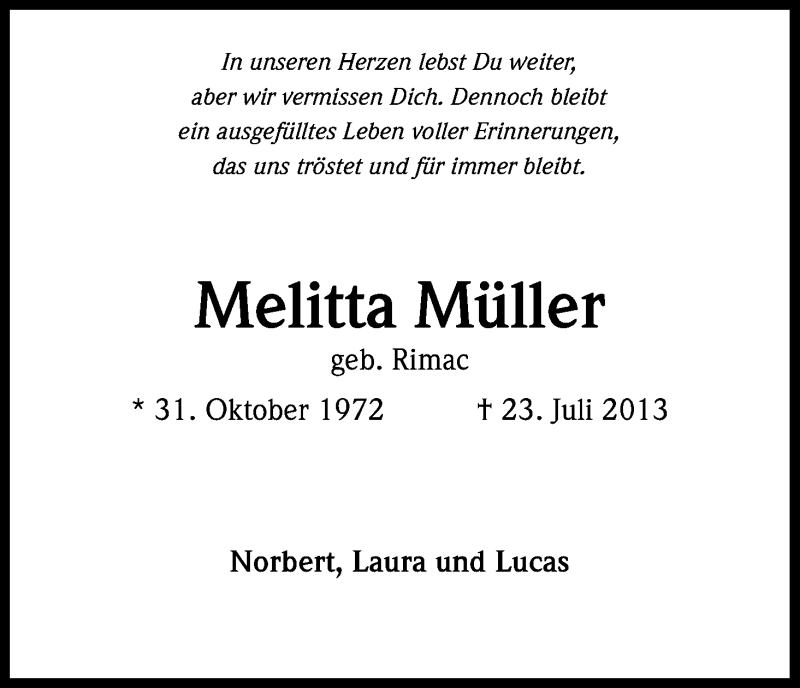  Traueranzeige für Melitta Müller vom 23.07.2018 aus HS