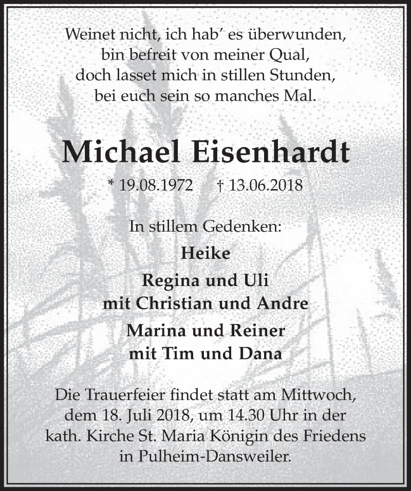  Traueranzeige für Michael Eisenhardt vom 14.07.2018 aus  Sonntags-Post 