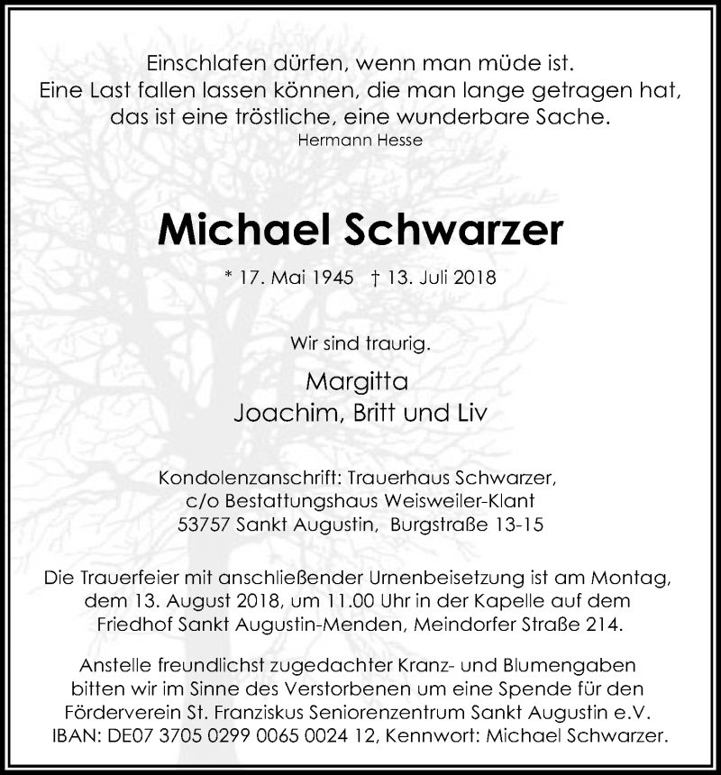  Traueranzeige für Michael Schwarzer vom 21.07.2018 aus HS