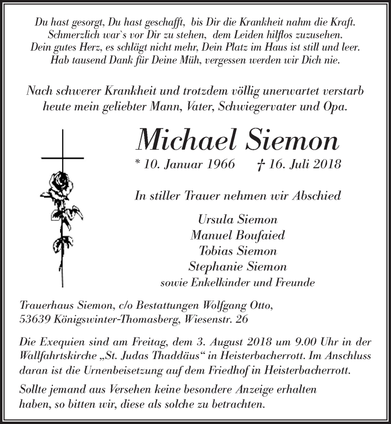  Traueranzeige für Michael Siemon vom 28.07.2018 aus  Rhein-Sieg-Wochenende 