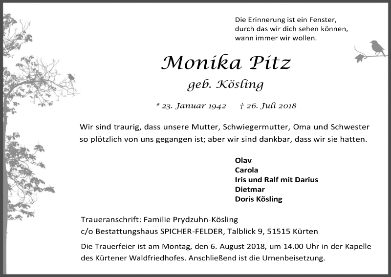  Traueranzeige für Monika Pitz vom 01.08.2018 aus Kölner Stadt-Anzeiger / Kölnische Rundschau / Express
