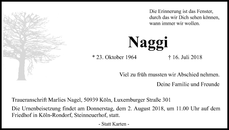  Traueranzeige für Naggi  vom 28.07.2018 aus EXKB