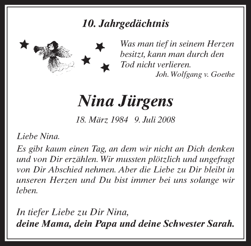  Traueranzeige für Nina Jürgens vom 11.07.2018 aus  Werbepost 