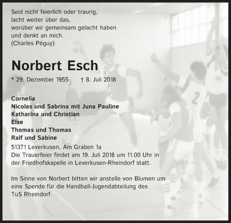  Traueranzeige für Norbert Esch vom 14.07.2018 aus SLE