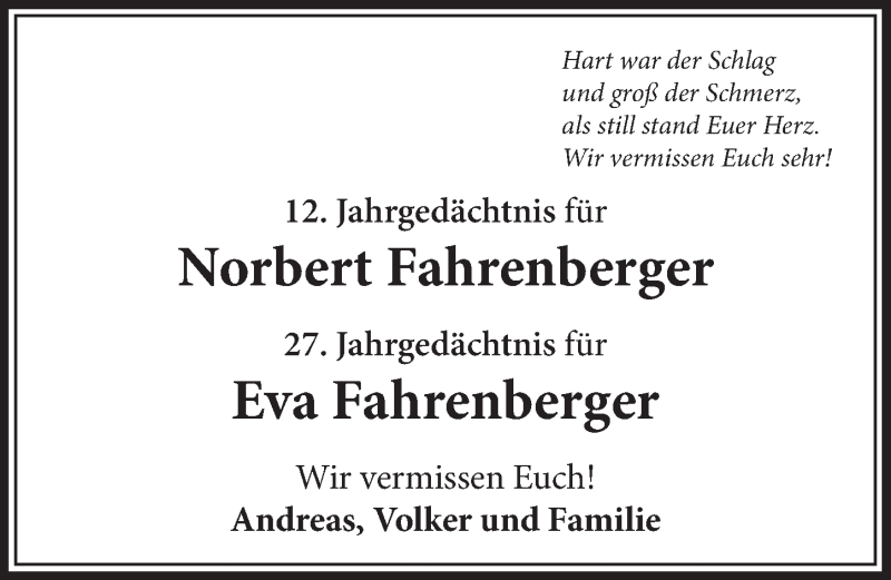  Traueranzeige für Norbert Fahrenberger vom 04.07.2018 aus  Schlossbote/Werbekurier 