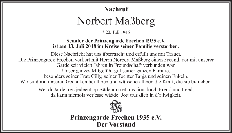  Traueranzeige für Norbert Maßberg vom 21.07.2018 aus  Sonntags-Post 
