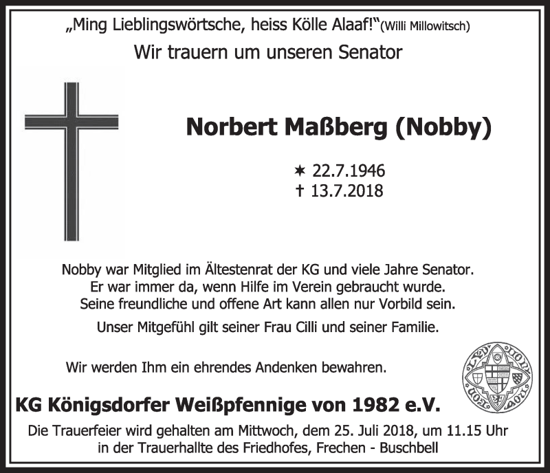  Traueranzeige für Norbert Maßberg vom 21.07.2018 aus  Sonntags-Post 