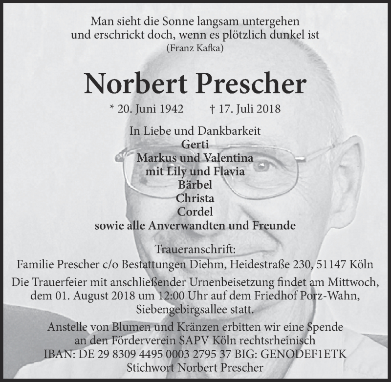  Traueranzeige für Norbert Prescher vom 25.07.2018 aus  Kölner Wochenspiegel 