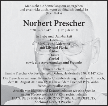Anzeige von Norbert Prescher von  Kölner Wochenspiegel 