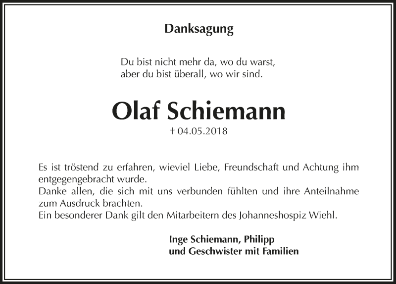  Traueranzeige für Olaf Schiemann vom 01.08.2018 aus  Anzeigen Echo 