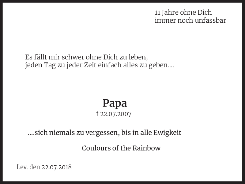  Traueranzeige für Papa  vom 21.07.2018 aus SLE