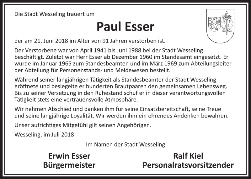  Traueranzeige für Paul Esser vom 11.07.2018 aus  Schlossbote/Werbekurier 