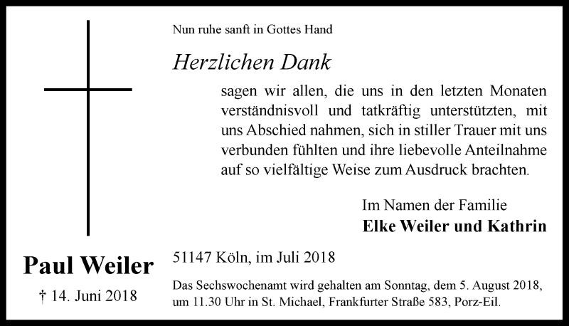  Traueranzeige für Paul Weiler vom 11.07.2018 aus  Kölner Wochenspiegel 