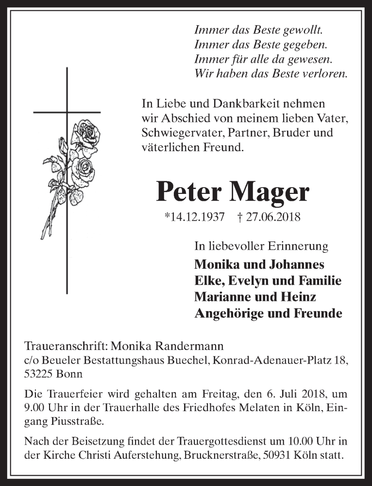  Traueranzeige für Peter Mager vom 04.07.2018 aus  Wochenende 