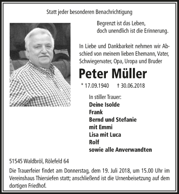 Anzeige von Peter Müller von  Lokalanzeiger 