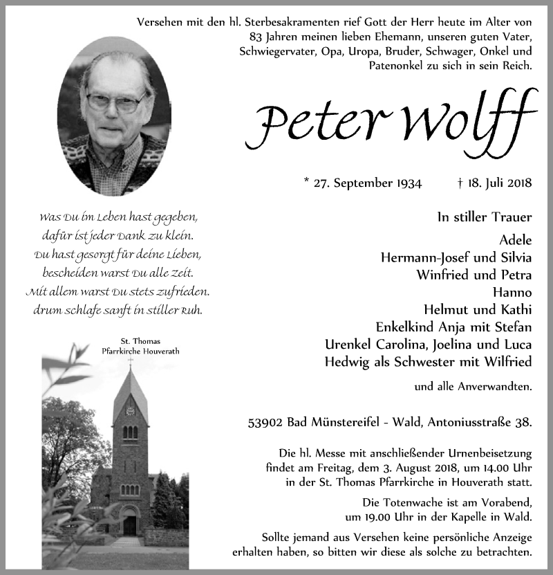  Traueranzeige für Peter Wolff vom 28.07.2018 aus  Blickpunkt Euskirchen 