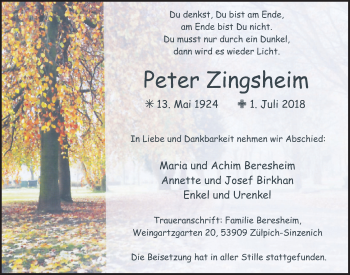 Anzeige von Peter Zingsheim von  Blickpunkt Euskirchen 