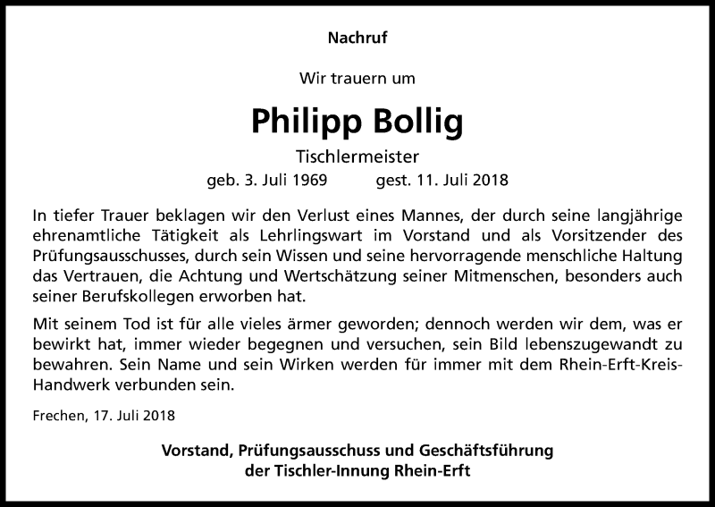  Traueranzeige für Philipp Bollig vom 19.07.2018 aus BG