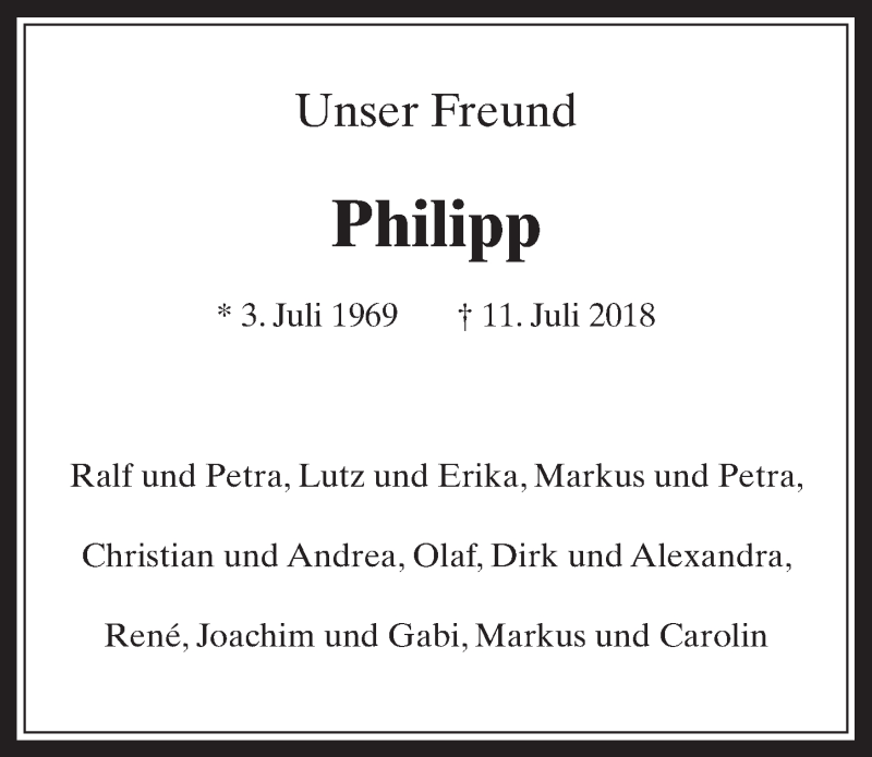  Traueranzeige für Philipp Bollig vom 18.07.2018 aus  Werbepost 