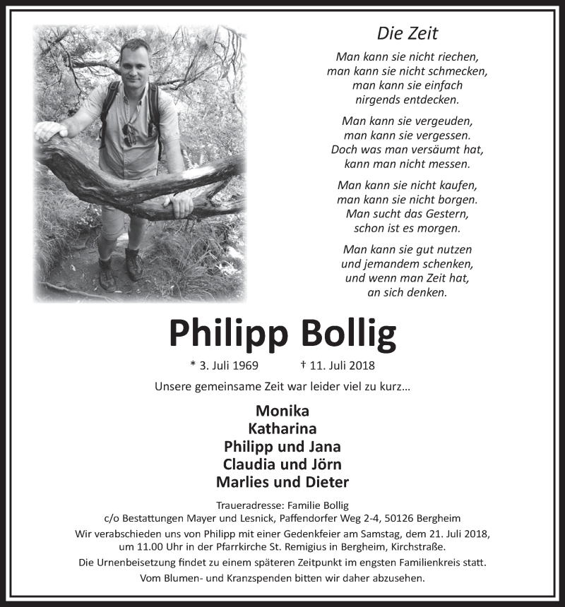  Traueranzeige für Philipp Bollig vom 14.07.2018 aus  Sonntags-Post 