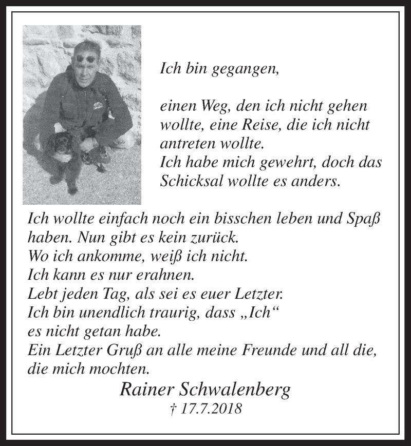  Traueranzeige für Rainer Schwalenberg vom 25.07.2018 aus  Wochenende 