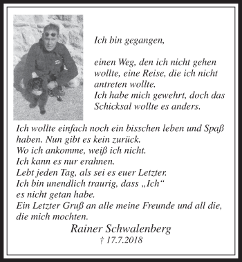 Anzeige von Rainer Schwalenberg von  Wochenende 