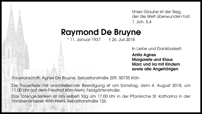  Traueranzeige für Raymond De Bruyne vom 01.08.2018 aus Kölner Stadt-Anzeiger / Kölnische Rundschau / Express