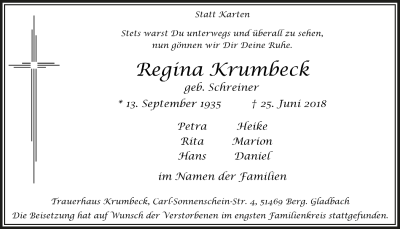  Traueranzeige für Regina Krumbeck vom 01.08.2018 aus  Bergisches Handelsblatt 