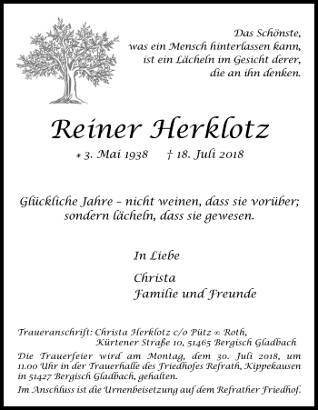 Anzeige von Reiner Herklotz von RB
