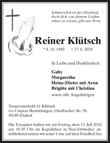 Anzeige von Reiner Klütsch von  Werbepost 