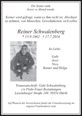Anzeige von Reiner Schwalenberg von  Wochenende 