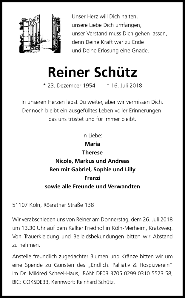  Traueranzeige für Reiner Schütz vom 21.07.2018 aus GS
