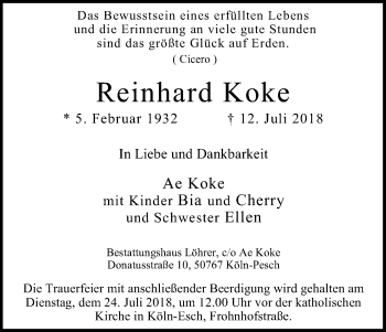 Anzeige von Reinhard Koke von EXKB