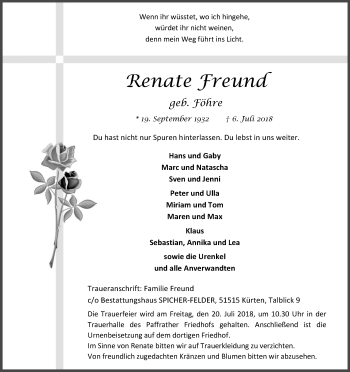 Anzeige von Renate Freund von RB