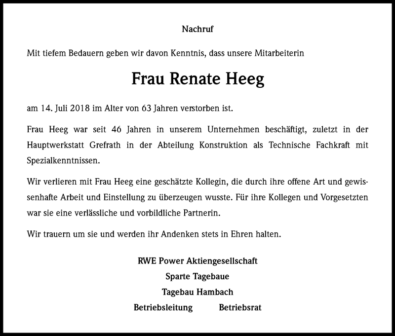  Traueranzeige für Renate Heeg vom 20.07.2018 aus BG