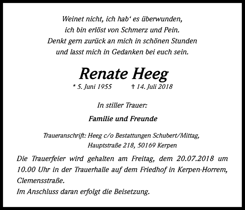  Traueranzeige für Renate Heeg vom 18.07.2018 aus BG