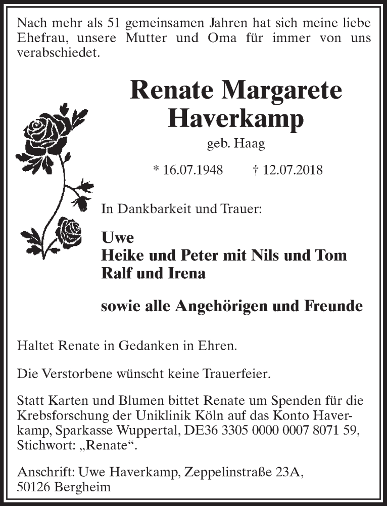  Traueranzeige für Renate Margarete Haverkamp vom 21.07.2018 aus  Sonntags-Post 