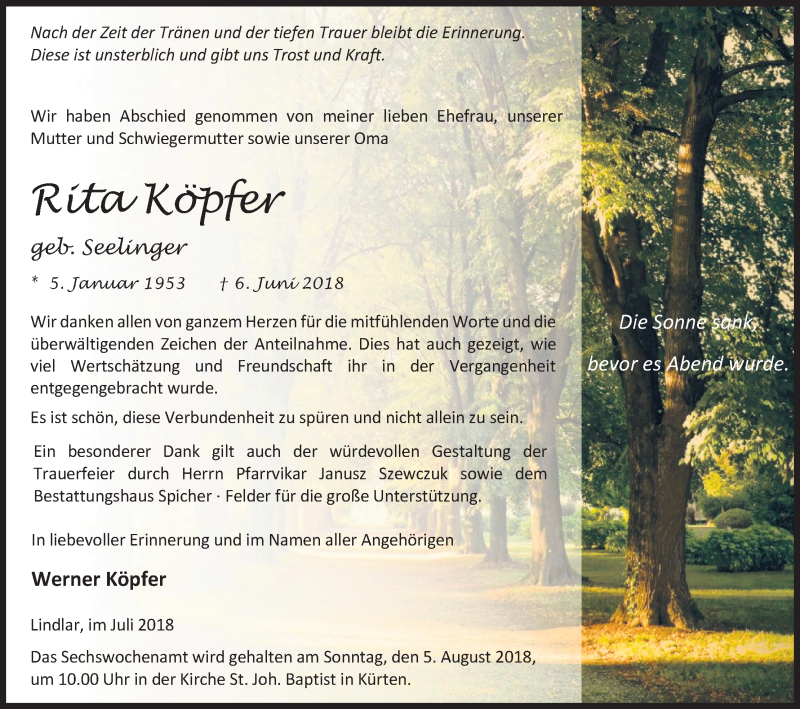  Traueranzeige für Rita Köpfer vom 28.07.2018 aus RB