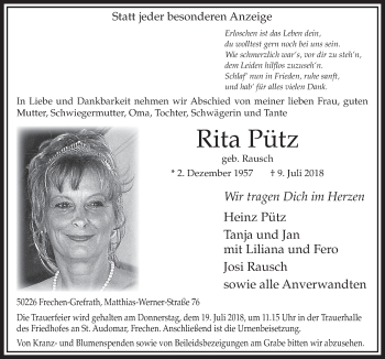 Anzeige von Rita Pütz von  Sonntags-Post 