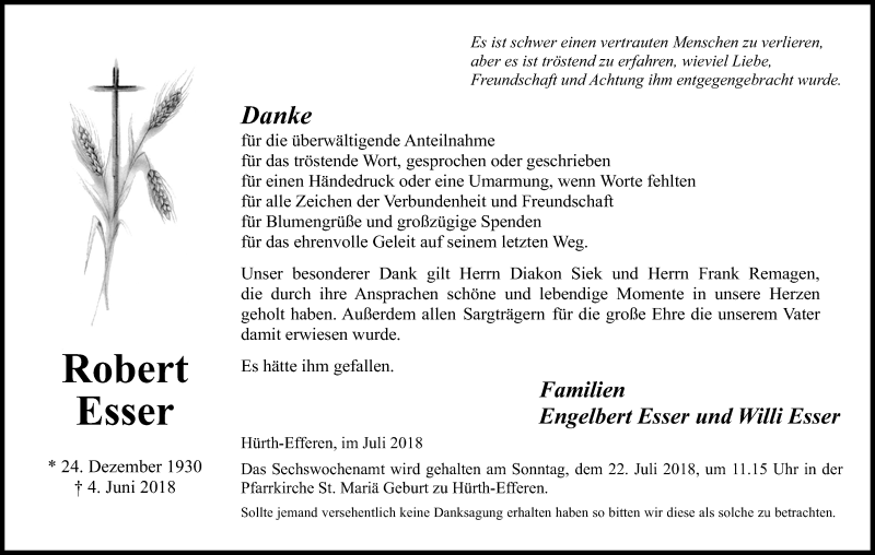  Traueranzeige für Robert Esser vom 18.07.2018 aus KL