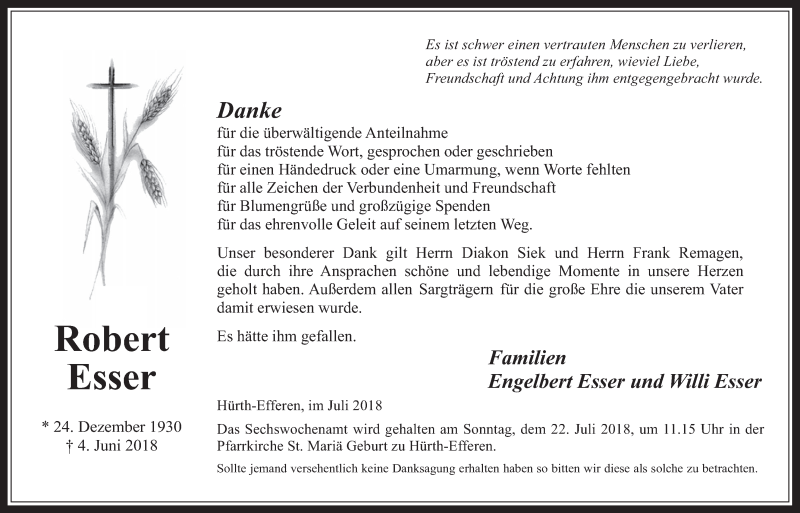  Traueranzeige für Robert Esser vom 18.07.2018 aus  Wochenende 