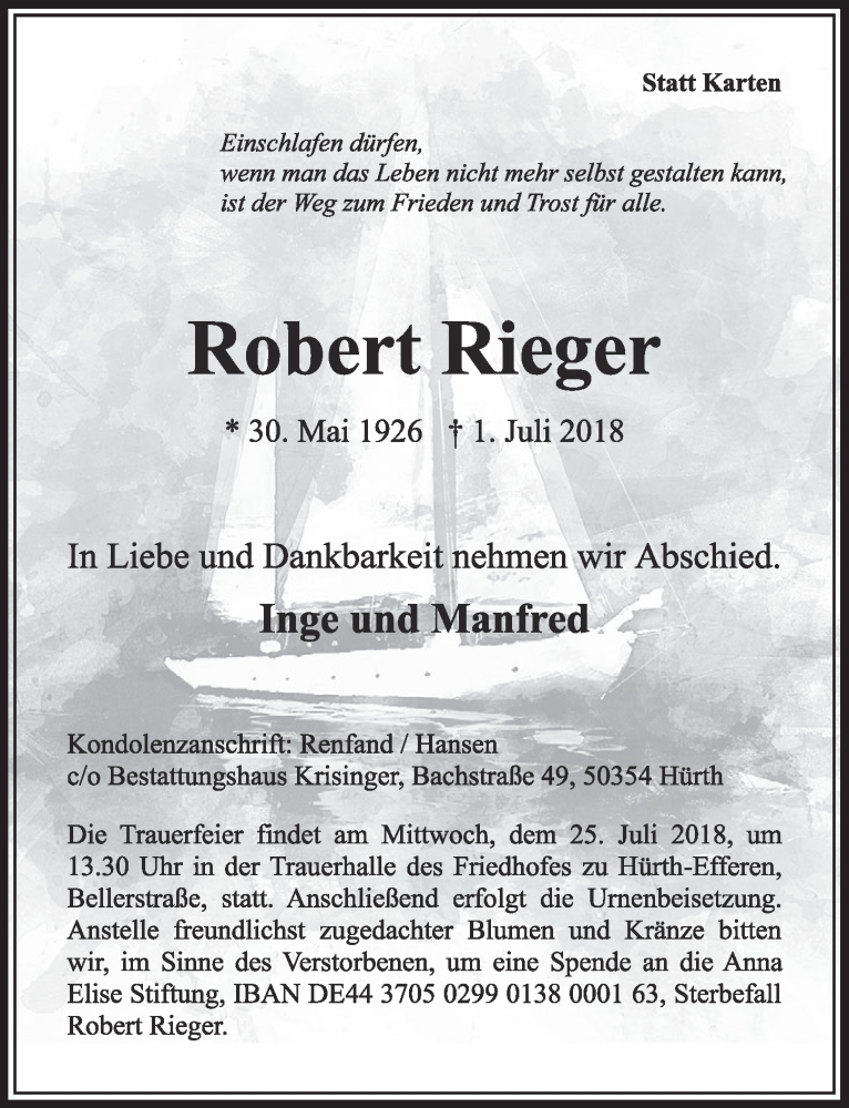  Traueranzeige für Robert Rieger vom 21.07.2018 aus  Sonntags-Post 