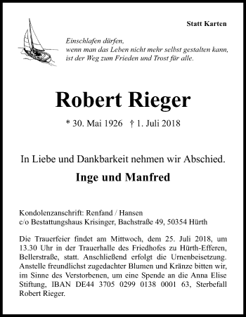 Anzeige von Robert Rieger von GS