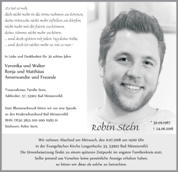 Anzeige von Robin Stein von  Blickpunkt Euskirchen 