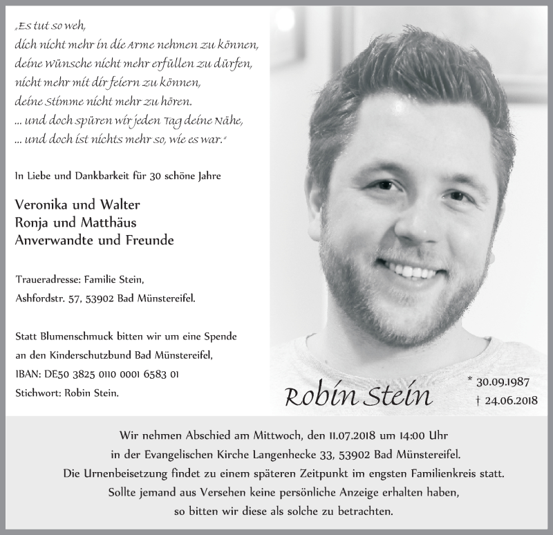  Traueranzeige für Robin Stein vom 07.07.2018 aus  Blickpunkt Euskirchen 