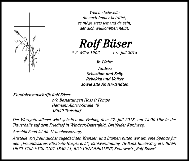  Traueranzeige für Rolf Büser vom 20.07.2018 aus HS