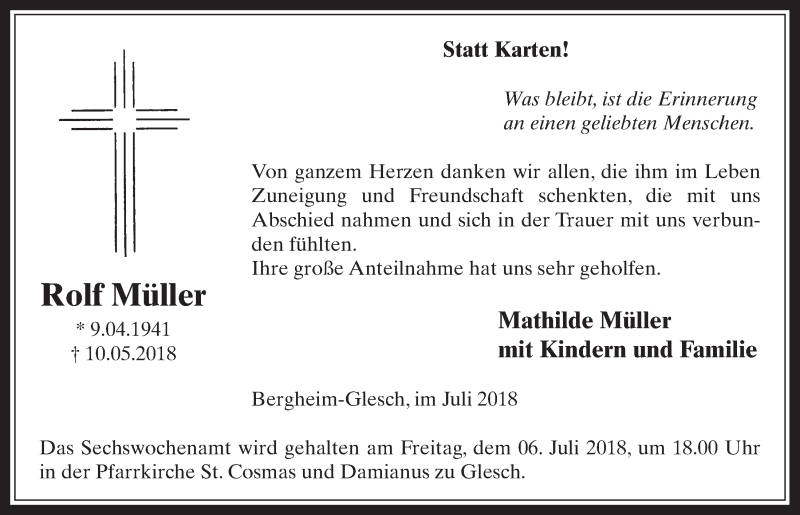  Traueranzeige für Rolf Müller vom 04.07.2018 aus  Werbepost 